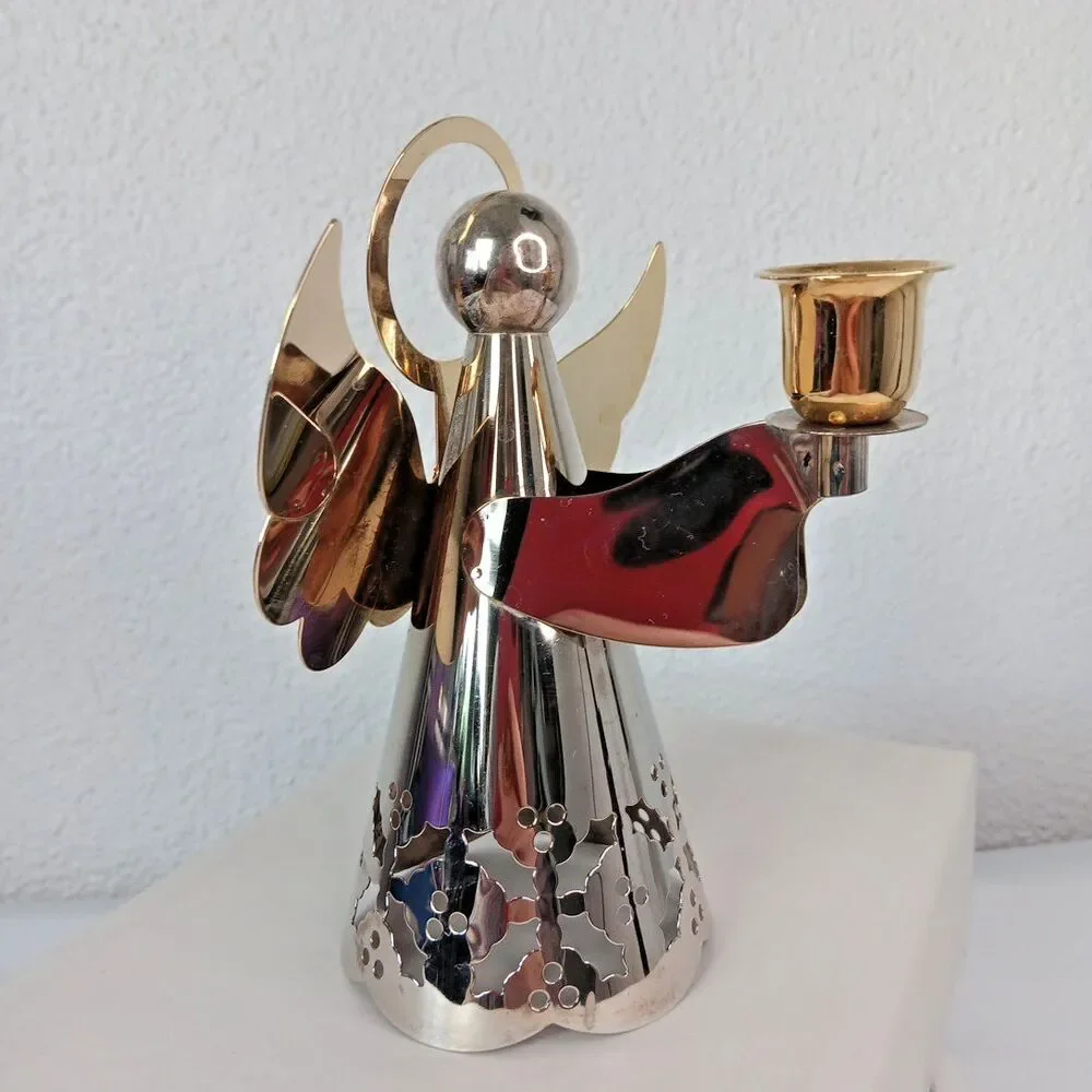 Angel Candle Holder Silver and Gold Tone Metal Vintage Holly Cutouts Festive